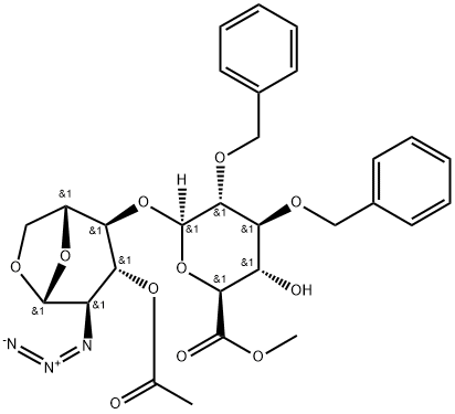 (2S,3S,4S,5R,6R)-METHYL 6-((1R,2S,3R,4R,5R)-3-ACETOXY-4-AZIDO-6,8-DIOXABICYCLO[3,2,1]OCTAN-2-YLOXY)-4,5-BIS(BENZYLOXY)-3-HYDROXYTETRAHYDRO-2H-PYRAN-2-CARBOXYLATE 结构式