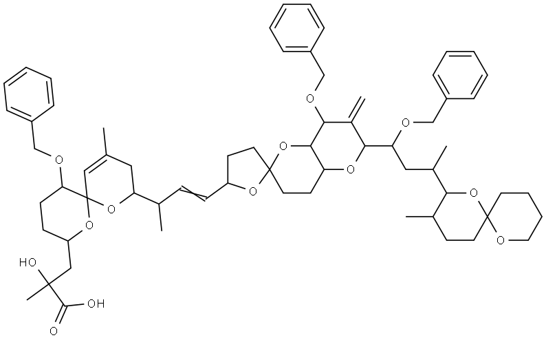 1,7-Dioxaspiro[5.5]undec-10-ene-2-propanoic acid, α-hydroxy-α,10-dimethyl-8-[1-methyl-3-[octahydro-6′-[3-(3-methyl-1,7-dioxaspiro[5.5]undec-2-yl)-1-(phenylmethoxy)butyl]-7-methylene-8-(phenylmethoxy)spiro[furan-2(3H),2′(3′H)-pyrano[3,2-b]pyran]-5-yl]-2-propenyl]-5-(phenylmethoxy)-, [2′R-[2′α[R*[1R*[2S*(R*),5R*,6R*,11S*],3E]],4′aβ,6′β[1S*,3S*(2R*,3R*,6S*)],8′α,8′aα]]- 结构式