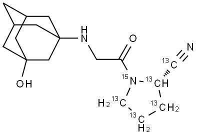 2-Pyrrolidine-2,3,4,5-13C4-1-15N-carbonitrile-13C, 1-[2-[(3-hydroxytricyclo[3.3.1.13,7]dec-1-yl)amino]acetyl]-, (2S)- 结构式