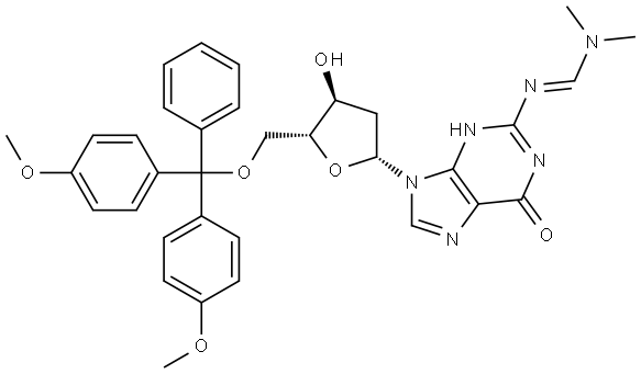 Guanosine, 5'-O-[bis(4-methoxyphenyl)phenylmethyl]-2'-deoxy-N-[(dimethylamino)methylene]-, [N(E)]- 结构式