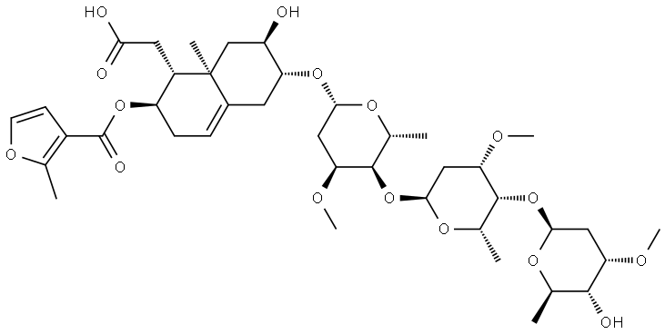 β-D-ribo-Hexopyranoside, (2R,3R,4aR,5R,6R)-5-(carboxymethyl)-1,2,3,4,4a,5,6,7-octahydro-3-hydroxy-4a-methyl-6-[[(2-methyl-3-furanyl)carbonyl]oxy]-2-naphthalenyl O-2,6-dideoxy-3-O-methyl-β-D-ribo-hexopyranosyl-(1→4)-O-2,6-dideoxy-3-O-methyl-α-L-lyxo-hexopyranosyl-(1→4)-2,6-dideoxy-3-O-methyl- 结构式