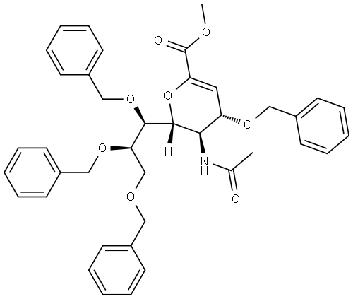 D-glycero-D-galacto-Non-2-enonic acid, 5-(acetylamino)-2,6-anhydro-3,5-dideoxy-4,7,8,9-tetrakis-O-(phenylmethyl)-, methyl ester 结构式