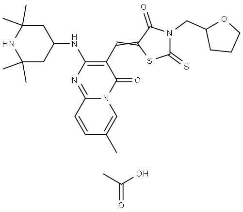 7-METHYL-3-{(Z)-[4-OXO-3-(TETRAHYDRO-2-FURANYLMETHYL)-2-THIOXO-1,3-THIAZOLIDIN-5-YLIDENE]METHYL}-2-[(2,2,6,6-TETRAMETHYL-4-PIPERIDINYL)AMINO]-4H-PYRIDO[1,2-A]PYRIMIDIN-4-ONE ACETATE 结构式