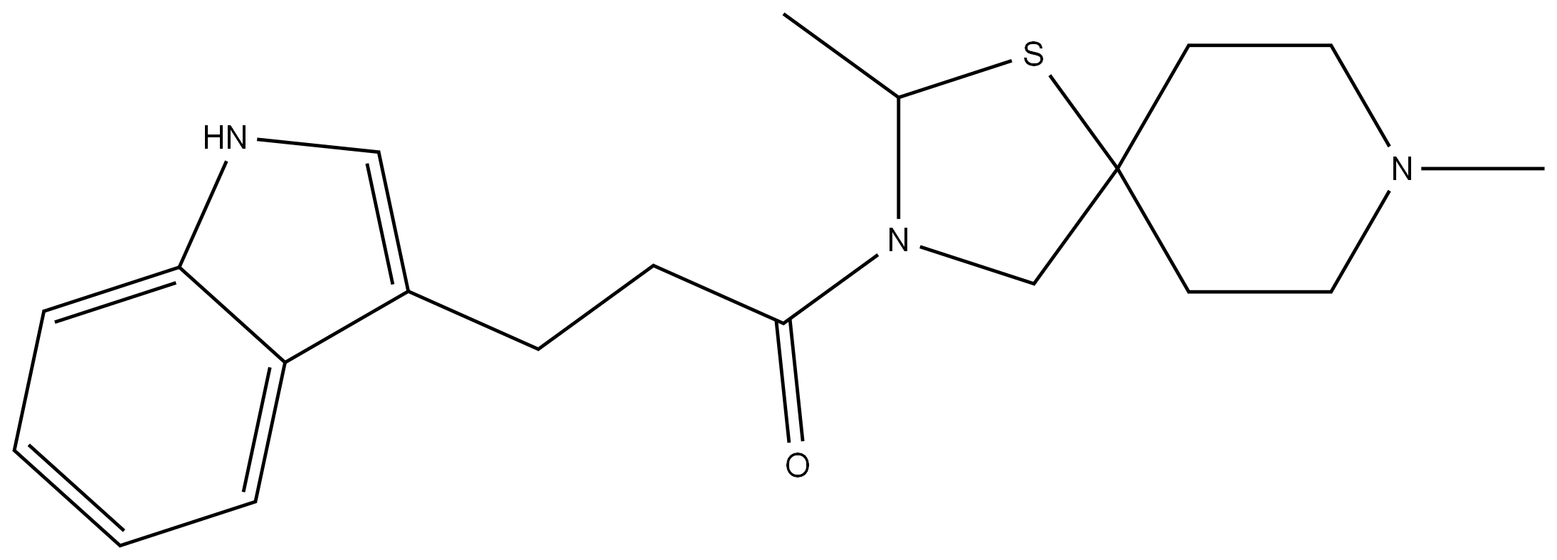 1-Propanone, 1-(2,8-dimethyl-1-thia-3,8-diazaspiro[4.5]dec-3-yl)-3-(1H-indol-3-yl)-, (-)- 结构式