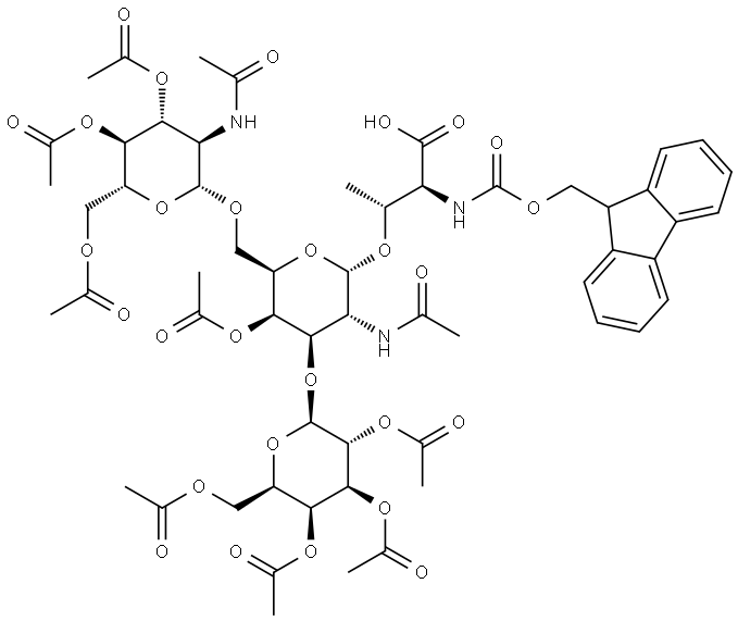 (2S,3R)-2-((((9H-fluoren-9-yl)Methoxy)carbonyl)aMino)-3-(((2S,3R,4R,5R,6R)-3-acetaMido-6-((((2R,3R,4R,5S,6R)-3-acetaMido-4,5-diacetoxy-6-(acetoxyMethyl)tetrahydro-2H-pyran-2-yl)oxy)Methyl)-5-acetoxy-4-(((2R,3R,4S,5S,6R)-3,4,5-triacetoxy-6-(acetoxyMethyl)t 结构式