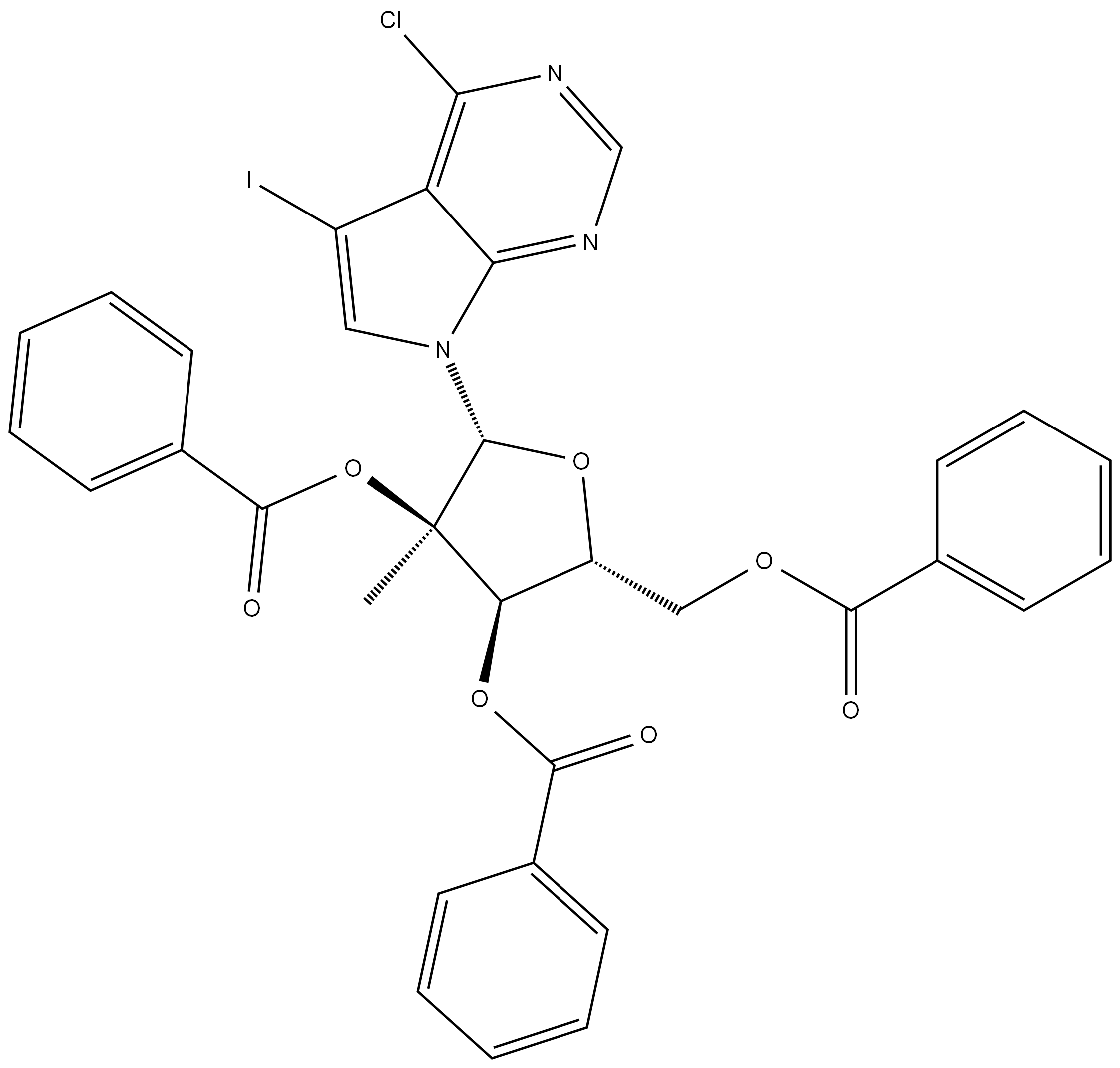 7H-PYRROLO[2,3-D]PYRIMIDINE, 4-CHLORO-5-IODO-7-(2,3,5-TRI-O-BENZOYL-2-C-METHYL-Β-D-RIBOFURANOSYL) 结构式