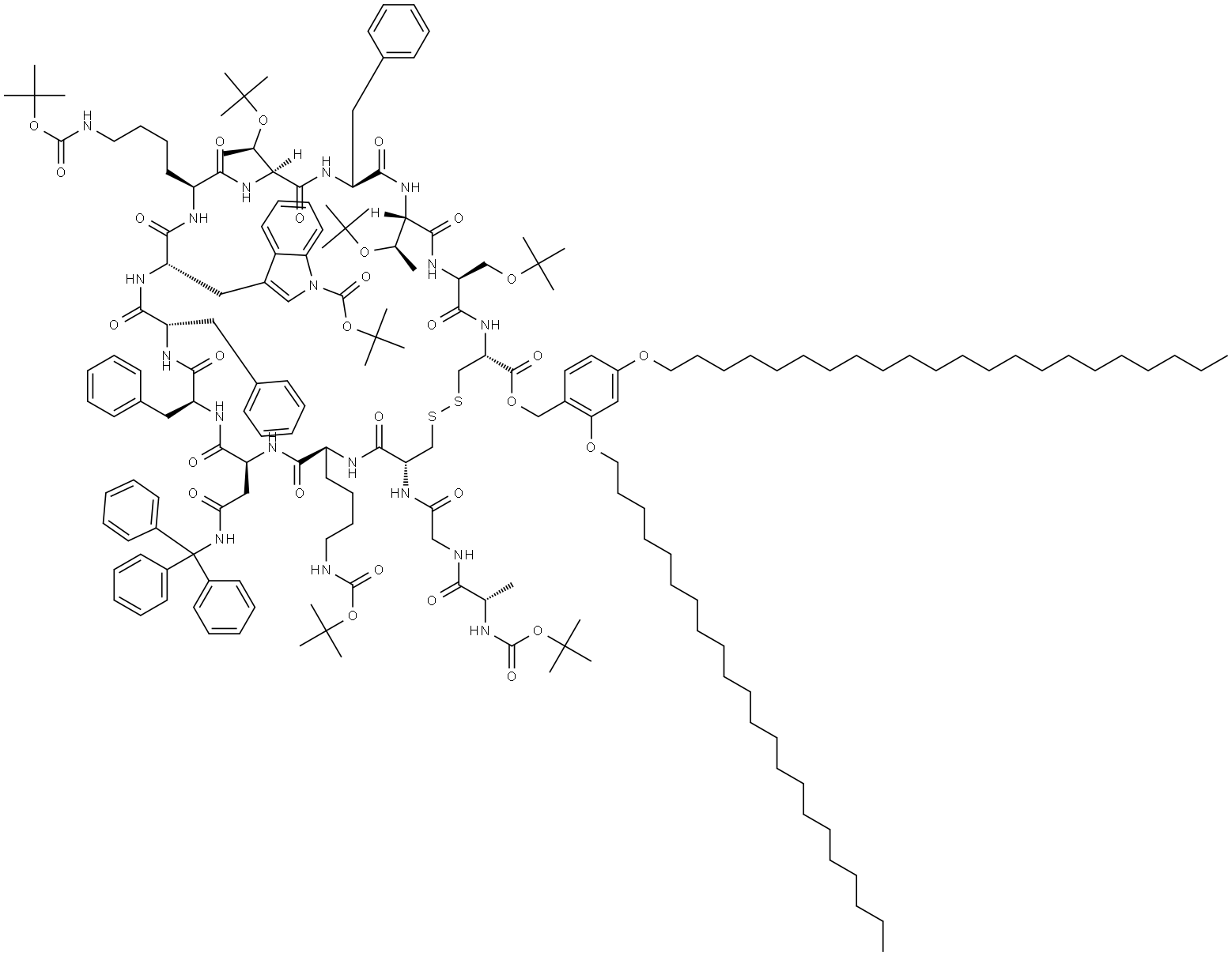 L-Cysteine, N-[(1,1-dimethylethoxy)carbonyl]-L-alanylglycyl-L-cysteinyl-N6-[(1,1-dimethylethoxy)carbonyl]-L-lysyl-N-(triphenylmethyl)-L-asparaginyl-L-phenylalanyl-L-phenylalanyl-1-[(1,1-dimethylethoxy)carbonyl]-L-tryptophyl-N6-[(1,1-dimethylethoxy)carbonyl]-L-lysyl-O-(1,1-dimethylethyl)-L-threonyl-L-phenylalanyl-O-(1,1-dimethylethyl)-L-threonyl-O-(1,1-dimethylethyl)-L-seryl-, [3,4,5-tris(octadecyloxy)phenyl]methyl ester, cyclic (3→14)-disulfide 结构式