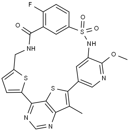 19H-22,25-Epithio-4,6:7,11:14,18-trimetheno-12H-pyrimido[5,4-j][1,9,2,5,17]dithiatriazacyclotricosin-19-one, 17-fluoro-20,21-dihydro-10-methoxy-29-methyl-, 13,13-dioxide 结构式