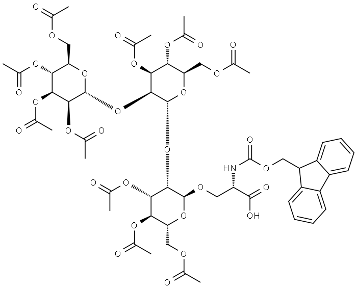 L-Serine, N-[(9H-fluoren-9-ylmethoxy)carbonyl]-O-(O-2,3,4,6-tetra-O-acetyl-α-D-mannopyranosyl-(1→2)-O-3,4,6-tri-O-acetyl-α-D-mannopyranosyl-(1→2)-3,4,6-tri-O-acetyl-α-D-mannopyranosyl)- 结构式