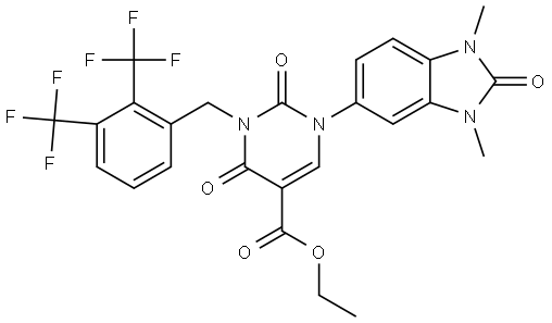 ethyl 3-(2,3-bis(trifluoromethyl)benzyl)-1-(1,3-dimethyl-2-oxo-2,3-dihydro-1H-benzo[d]imidazol-5-yl)-2,4-dioxo-1,2,3,4-tetrahydropyrimidine-5-carboxylate 结构式