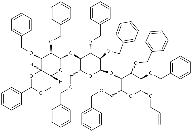 2-Propenyl O-2,3-Bis-O-(phenylmethyl)-4,6-O-(phenylmethylene)-β-D-glucopyranosyl-(1→4)-O-2,3,6-tris-O-(phenylmethyl)-α-D-glucopyranosyl-(1→4)-2,3,6-tris-O-(phenylmethyl)-β-D-galactopyranoside 结构式