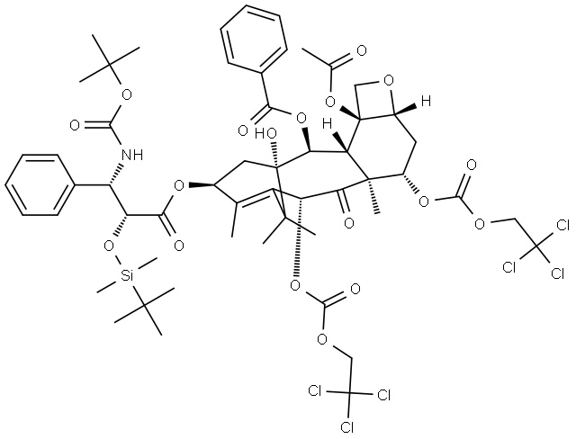 Benzenepropanoic acid, β-[[(1,1-dimethylethoxy)carbonyl]amino]-α-[[(1,1-dimethylethyl)dimethylsilyl]oxy]-, 12b-(acetyloxy)-12-(benzoyloxy)-2a,3,4,4a,5,6,9,10,11,12,12a,12b-dodecahydro-11-hydroxy-4a,8,13,13-tetramethyl-5-oxo-4,6-bis[[(2,2,2-trichloroethoxy)carbonyl]oxy]-7,11-methano-1H-cyclodeca[3,4]benz[1,2-b]oxet-9-yl ester, [2aR-[2aα,4β,4aβ,6β,9α(αR*,βS*),11α,12α,12aα,12bα]]- 结构式