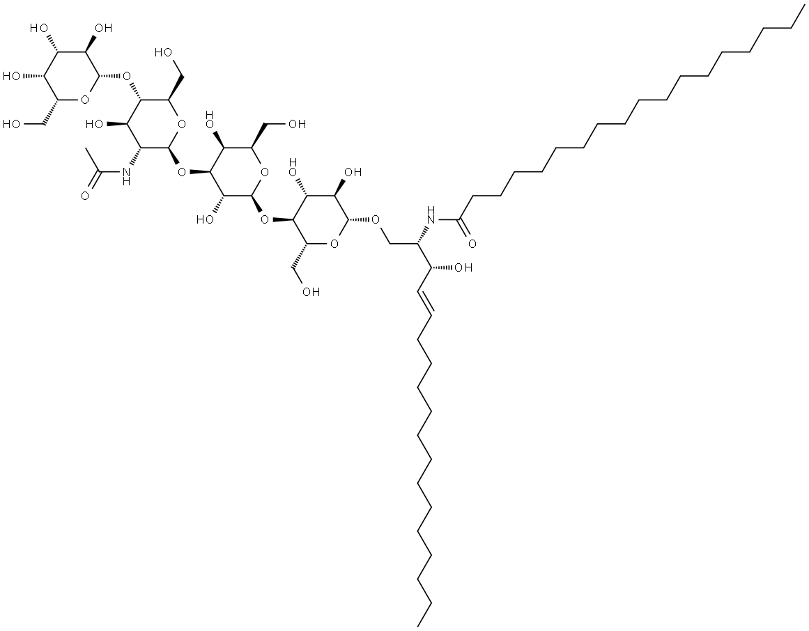 N-[(1S,2R,3E)-1-[[[O-BETA-D-吡喃半乳糖基-(1-4)-O-2-(乙酰氨基)-2-脱氧-BETA-D-吡喃葡萄糖基-(1-3)-O-BETA-D-吡喃半乳糖基-(1-4)-BETA-D-吡喃葡萄糖基]氧基]甲基]-2-羟基-3-十七碳烯-1-基]-十八烷酰胺 结构式