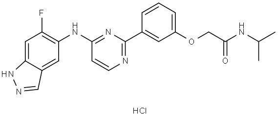 2-(3-(4-((6-氟-1H-吲唑-5-基)氨基)嘧啶-2-基)苯氧基)-N-异丙基乙酰胺 盐酸盐 结构式