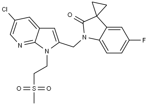 Spiro[cyclopropane-1,3′-[3H]indol]-2′(1′H)-one, 1′-[[5-chloro-1-[2-(methylsulfonyl)ethyl]-1H-pyrrolo[2,3-b]pyridin-2-yl]methyl]-5′-fluoro- 结构式