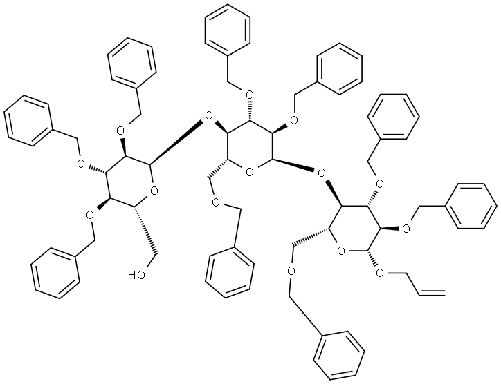 2-Propenyl O-2,3,4-Tris-O-(phenylmethyl)-α-D-glucopyranosyl-(1→4)-O-2,3,6-tris-O-(phenylmethyl)-α-D-glucopyranosyl-(1→4)-2,3,6-tris-O-(phenylmethyl)-β-D-glucopyranoside 结构式