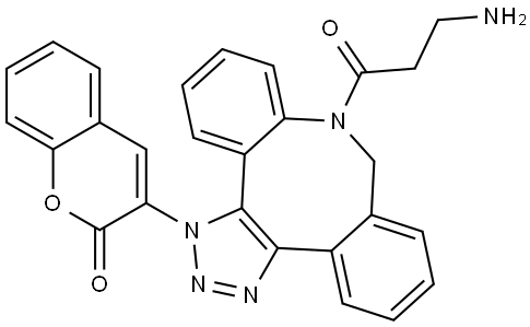 2H-1-Benzopyran-2-one, 3-[8-(3-amino-1-oxopropyl)-8,9-dihydro-3H-dibenzo[b,f]-1,2,3-triazolo[4,5-d]azocin-3-yl]- (ZCI) 结构式