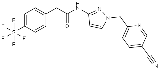 Sulfur, [4-[2-[[1-[(5-cyano-2-pyridinyl)methyl]-1H-pyrazol-3-yl]amino]-2-oxoethyl]phenyl]pentafluoro-, (OC-6-21)- 结构式
