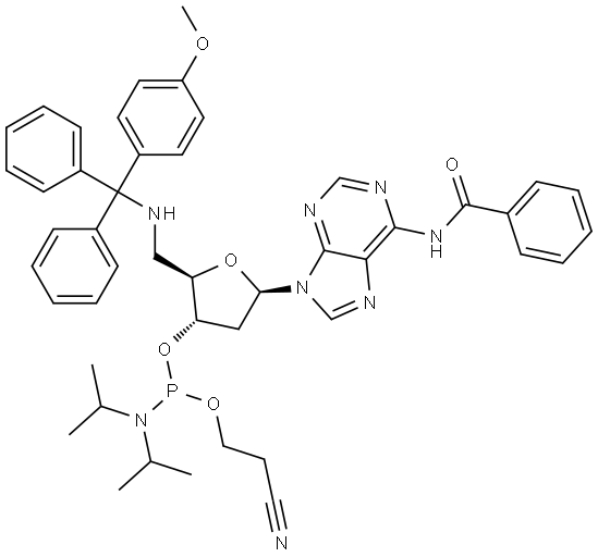 Adenosine, N-benzoyl-2',5'-dideoxy-5'-[[(4-methoxyphenyl)diphenylmethyl]amino]-3'-[2-cyanoethyl bis(1-methylethyl)phosphoramidite] 结构式