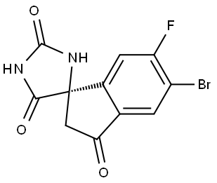 Spiro[imidazolidine-4,1′-[1H]indene]-2,3′,5(2′H)-trione, 5′-bromo-6′-fluoro-, (1′R)- 结构式