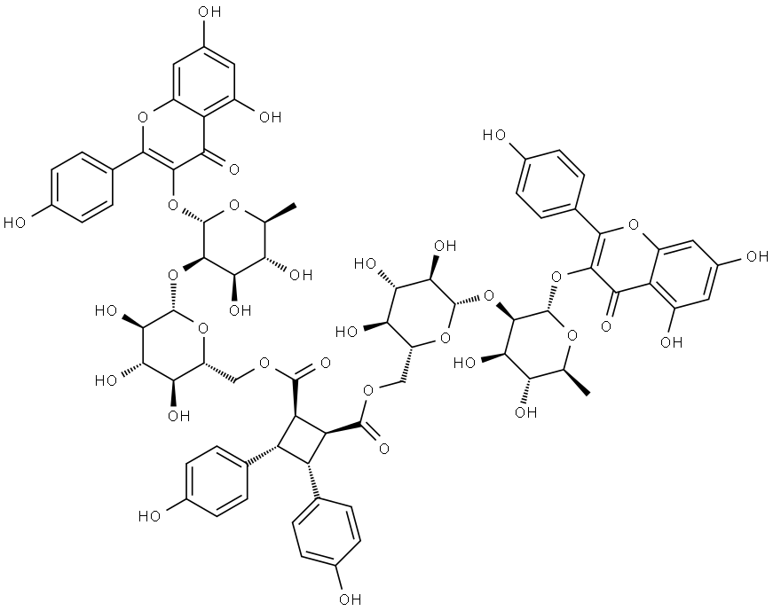 4H-1-Benzopyran-4-one, 3,3'-[6'',6''''-O-[[(1α,2α,3β,4β)-3,4-bis(4-hydroxyphenyl)-1,2-cyclobutanediyl]dicarbonyl]]bis[(6-deoxy-2-O-β-D-glucopyranosyl-α-L-mannopyranosyl)oxy]]bis[5,7-dihydroxy-2-(4-hydroxyphenyl)- 结构式