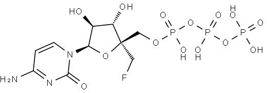 4-Amino-1-[4-C-(fluoromethyl)-5-O-[hydroxy[[hydroxy(phosphonooxy)phosphinyl]oxy]phosphinyl]-β-D-arabinofuranosyl]-2(1H)-pyrimidinone 结构式