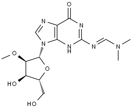 (E)-N'-(9-((2R,3R,4R,5R)-4-HYDROXY-5-(HYDROXYMETHYL)-3-METHOXYTETRAHYDROFURAN-2-YL)-6-OXO-6,9-DIHYDRO-1H-PURIN-2-YL)-N,N-DIMETHYLFORMIMIDAMIDE 结构式