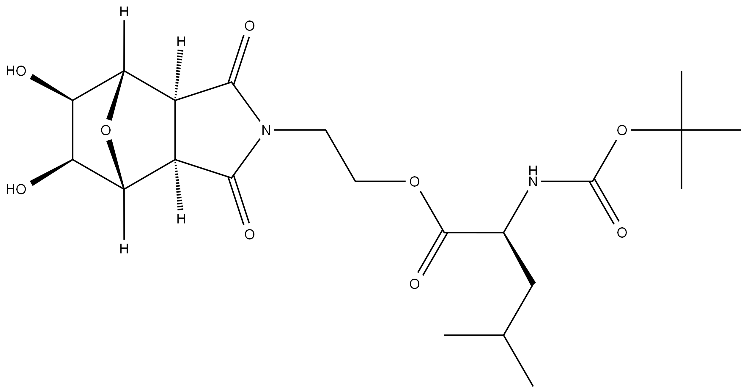 (S)-2-((3aR,4R,5S,6R,7S,7aS)-5,6-dihydroxy-1,3-dioxohexahydro-1H-4,7-epoxyisoindol-2(3H)-yl)ethyl 2-((tert-butoxycarbonyl)amino)-4-methylpentanoate 结构式
