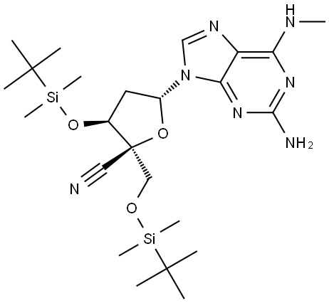 2-Amino-4′-C-cyano-2′-deoxy-3′,5′-bis-O-[(1,1-dimethylethyl)dimethylsilyl]-N-methyladenosine 结构式