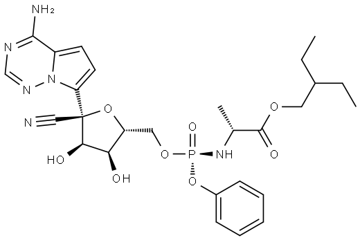 2-ethylbutyl ((R)-(((2R,3S,4R,5R)-5-(4-aminopyrrolo[2,1-f][1,2,4]triazin-7-yl)-5-cyano-3,4-dihydroxytetrahydrofuran-2-yl)methoxy)(phenoxy)phosphoryl)-L-alaninate 结构式