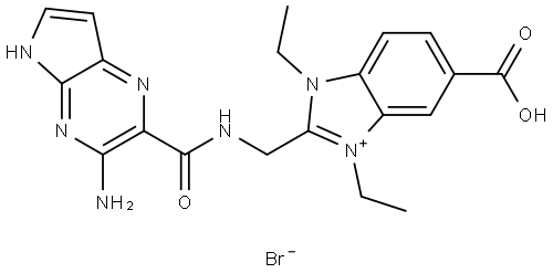 2-((3-amino-5H-pyrrolo[2,3-b]pyrazine-2-carboxamido)methyl)-6-carboxy-1,3-diethyl-1H-benzo[d]imidazol-3-ium bromide 结构式