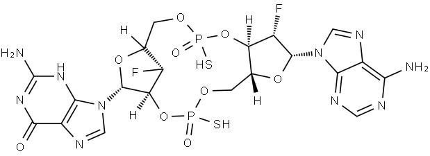 Guanosine, 2'-deoxy-2'-fluoro-5'-O-(hydroxymercaptophosphinyl)-P-thio-β-D-arabino-adenylyl-(3'→5')-3'-deoxy-3'-fluoro-, cyclic nucleotide 结构式