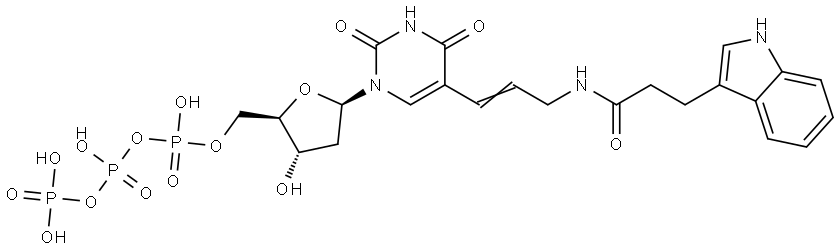 ((2R,3S,5R)-5-(5-((E)-3-(3-(1H-indol-3-yl)propanamido)prop-1-en-1-yl)-2,4-dioxo-3,4-dihydropyrimidin-1(2H)-yl)-3-hydroxytetrahydrofuran-2-yl)methyl tetrahydrogen triphosphate 结构式