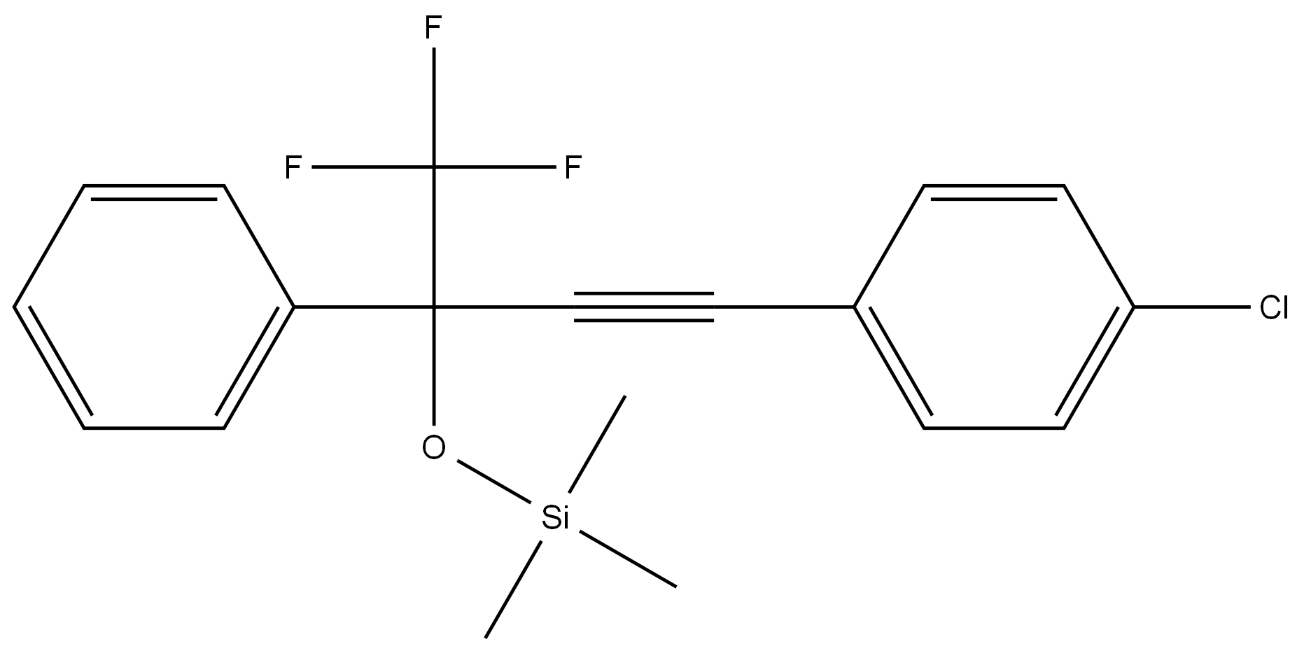 1-(4-chlorophenyl)-4,4,4-trifluoro-3-phenyl-3-(trimethylsilyloxy)but-1-yne 结构式