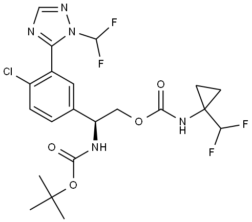 tert-butyl (S)-(1-(4-chloro-3-(1-(difluoromethyl)-1H-1,2,4-triazol-5-yl)phenyl)-2-(((1-(difluoromethyl)cyclopropyl)carbamoyl)oxy)ethyl)carbamate 结构式