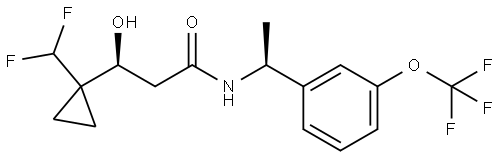 (S)-3-(1-(difluoromethyl)cyclopropyl)-3-hydroxy-N-((S)-1-(3-(trifluoromethoxy)phenyl)ethyl)propanamide 结构式