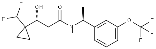 (R)-3-(1-(difluoromethyl)cyclopropyl)-3-hydroxy-N-((S)-1-(3-(trifluoromethoxy)phenyl)ethyl)propanamide 结构式
