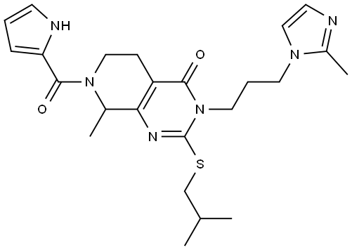 2-(isobutylthio)-8-methyl-3-(3-(2-methyl-1H-imidazol-1-yl)propyl)-7-(1H-pyrrole-2-carbonyl)-5,6,7,8-tetrahydropyrido[3,4-d]pyrimidin-4(3H)-one 结构式