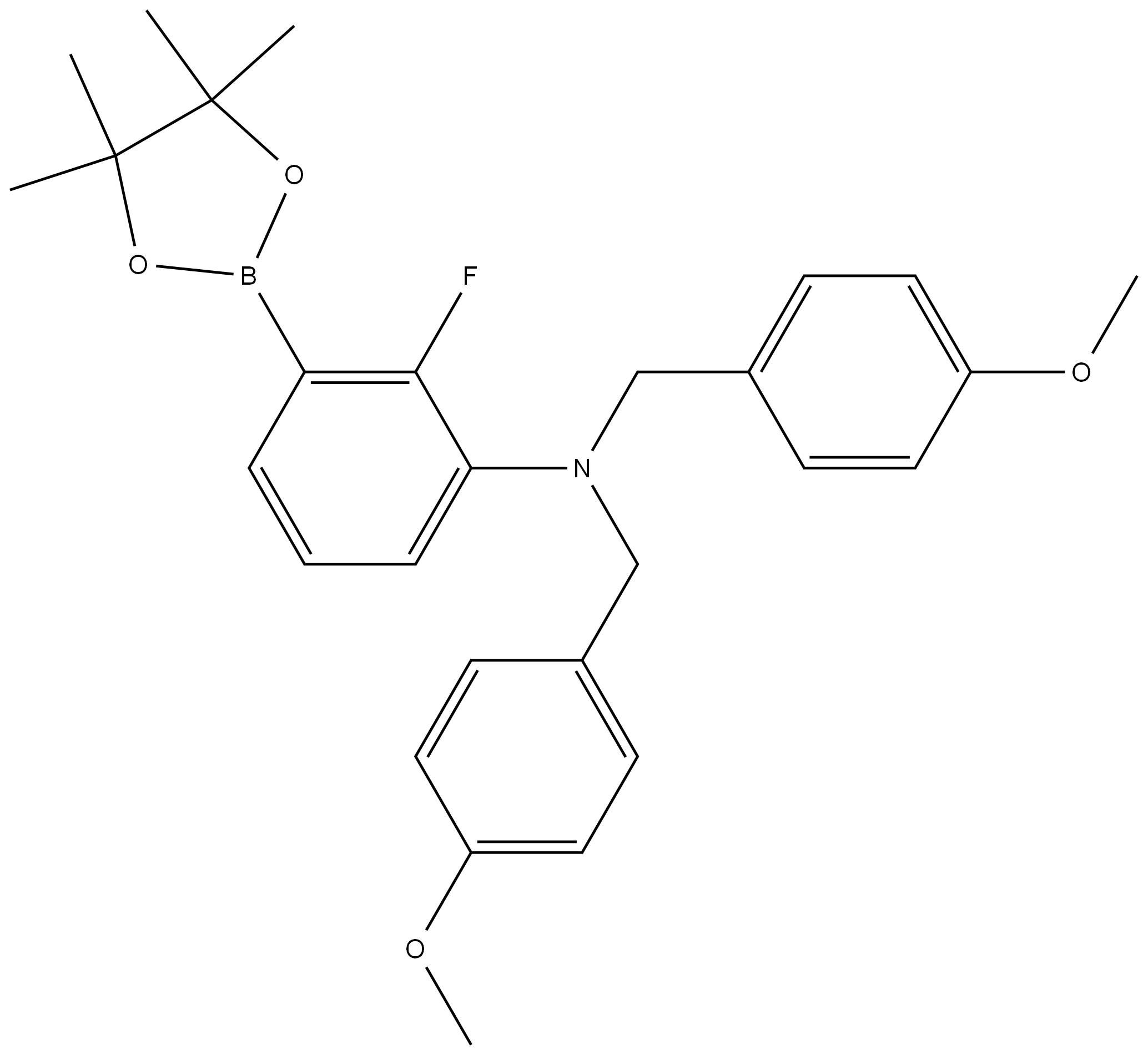 2-氟-N,N-双(4-甲氧基苄基)-3-(4,4,5,5-四甲基-1,3,2-二氧杂硼烷-2-基)苯胺 结构式