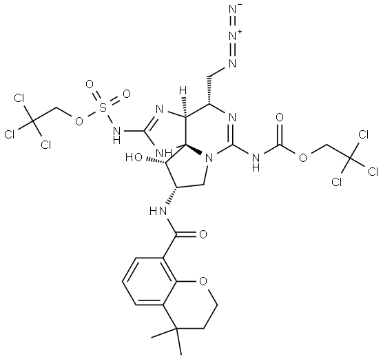 2,2,2-trichloroethyl ((3aS,4S,9S,10S,10aS)-4-(azidomethyl)-9-(4,4-dimethylchromane-8-carboxamido)-10-hydroxy-6-(((2,2,2-trichloroethoxy)carbonyl)imino)hexahydro-1H,8H-pyrrolo[1,2-c]purin-2(3H)-ylidene)sulfamate 结构式