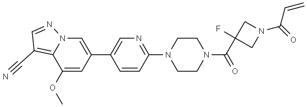 6-(6-(4-(1-丙烯酰基-3-氟氮杂环丁烷-3-羰基)哌嗪-1-基)吡啶-3-基)-4-甲氧基吡唑并[1,5-A]吡啶-3-甲腈 结构式