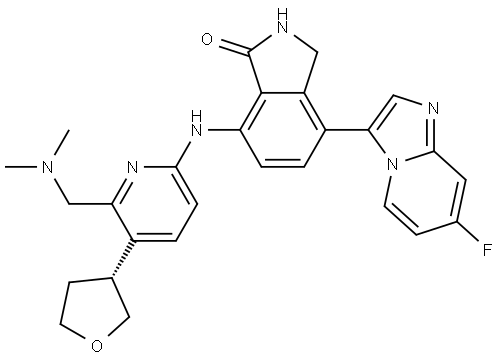 1H-Isoindol-1-one, 7-[[6-[(dimethylamino)methyl]-5-[(3R)-tetrahydro-3-furanyl]-2-pyridinyl]amino]-4-(7-fluoroimidazo[1,2-a]pyridin-3-yl)-2,3-dihydro- 结构式