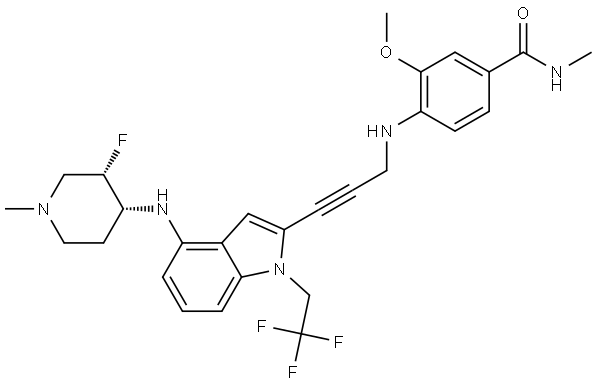 4-((3-(4-(((3S,4R)-3-氟-1-甲基哌啶-4-基)氨基)-1-(2,2,2-三氟乙基)-1H-吲哚-2-基)丙-2-炔-1-基)氨基)-3-甲氧基-N-甲基苯甲酰胺 结构式