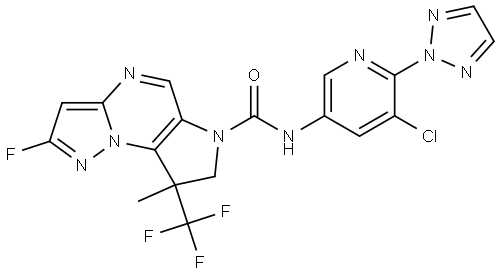 N-(5-chloro-6-(2H-1,2,3-triazol-2-yl)pyridin-3-yl)-2-fluoro-8-methyl-8-(trifluoromethyl)-7,8-dihydro-6H-pyrazolo[1,5-a]pyrrolo[2,3-e]pyrimidine-6-carboxamide 结构式