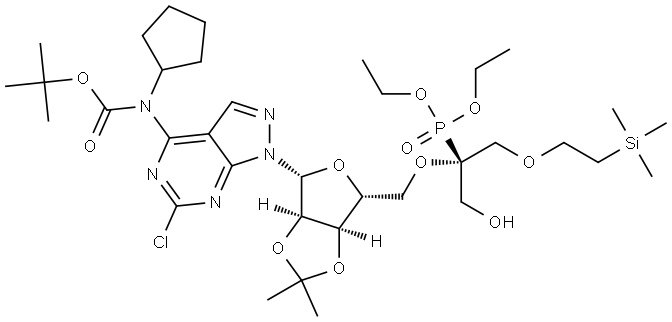 tert-butyl (6-chloro-1-((3aR,4R,6R,6aR)-6-((((R)-2-(diethoxyphosphoryl)-1-hydroxy-3-(2-(trimethylsilyl)ethoxy)propan-2-yl)oxy)methyl)-2,2-dimethyltetrahydrofuro[3,4-d][1,3]dioxol-4-yl)-1H-pyrazolo[3,4-d]pyrimidin-4-yl)(cyclopentyl)carbamate 结构式