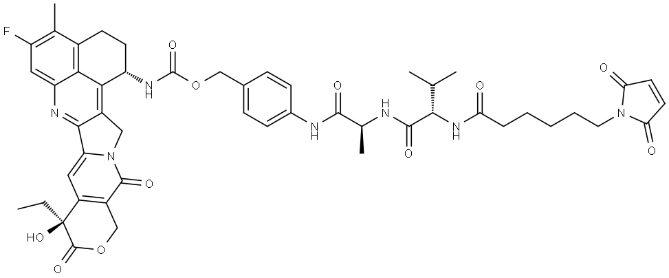 4-((S)-2-((S)-2-(6-(2,5-二氧代-2,5-二氢-1H-吡咯-1-基)己酰胺基)-3-甲基丁酰胺基)丙酰胺基)苄基 ((1S,9S)-9-乙基-5-氟-9-羟基-4-甲基-10,13-二氧代-2,3,9,10,13,15-六氢-1H,12H-苯并[DE]吡喃并[3',4':6,7]吲哚嗪并[1,2-B]喹啉-1-基)氨基甲酸酯 结构式