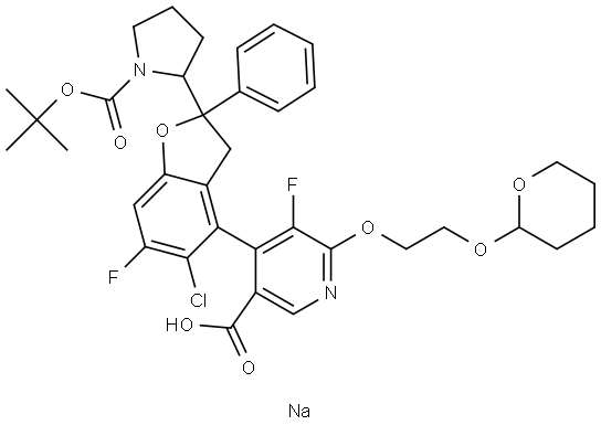 sodium 4-((2S)-2-((S)-1-(tert-butoxycarbonyl)pyrrolidin-2-yl)-5-chloro-6-fluoro-2-phenyl-2,3-dihydrobenzofuran-4-yl)-5-fluoro-6-(2-((tetrahydro-2H-pyran-2-yl)oxy)ethoxy)nicotinate 结构式