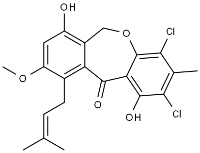 Dibenz[b,e]oxepin-11(6H)-one, 2,4-dichloro-1,7-dihydroxy-9-methoxy-3-methyl-10-(3-methyl-2-buten-1-yl)- 结构式