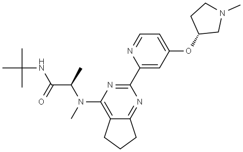 (R)-N-(tert-Butyl)-2-(methyl(2-(4-(((R)-1-methylpyrrolidin-3-yl)oxy)pyridin-2-yl)-6,7-dihydro-5H-cyclopenta[d]pyrimidin-4-yl)amino)propanamide 结构式