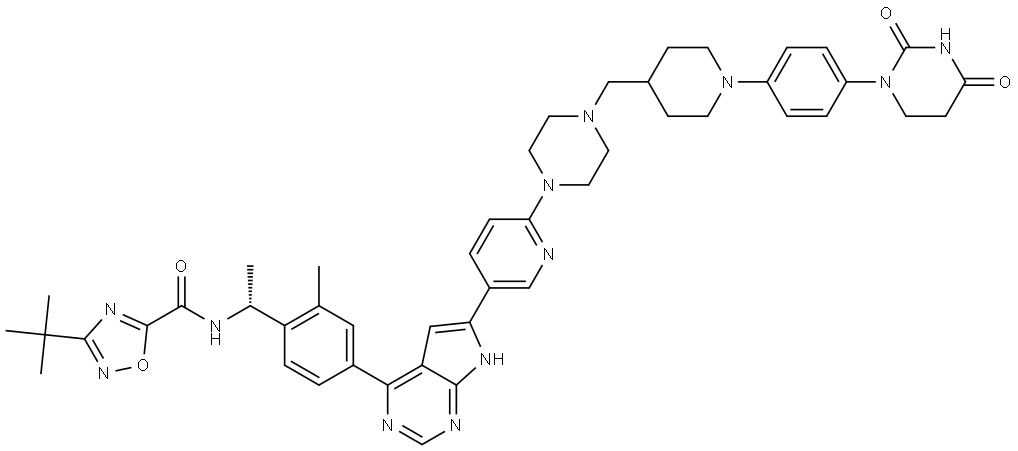 (R)-3-(叔丁基)-N-[1-[4-[6-[6-[4-[[1-[4-[2,4-二氧代四氢嘧啶-1(2H)-基]苯基]-4-哌啶基]甲基]-1-哌嗪基]-3-吡啶基]-7H-吡咯并[2,3-D]嘧啶-4-基]-2-甲基苯基]乙基]-1,2,4-噁二唑-5-甲酰胺 结构式